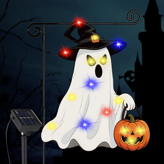 GOAUS Halloween LED Garden Flag Light Up Solar Powered, Ghost Decorations Outdoor, Double Sided Oxford Decorative Flag for Lawn Yard Outside Decor, 12x18 Inches