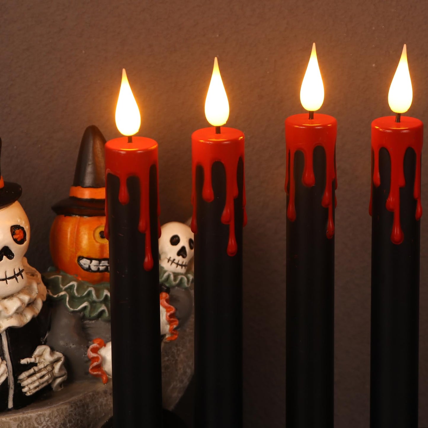 KunSwenn Halloween Black Flameless Taper Candles with Remote Timer, 4 Pcs Red Drip Wax LED Candlesticks with 3D Flickering Flame for Home Fall Indoor Halloween Decor(0.78 x 8.9 Inches)