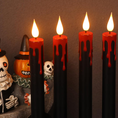 KunSwenn Halloween Black Flameless Taper Candles with Remote Timer, 4 Pcs Red Drip Wax LED Candlesticks with 3D Flickering Flame for Home Fall Indoor Halloween Decor(0.78 x 8.9 Inches)