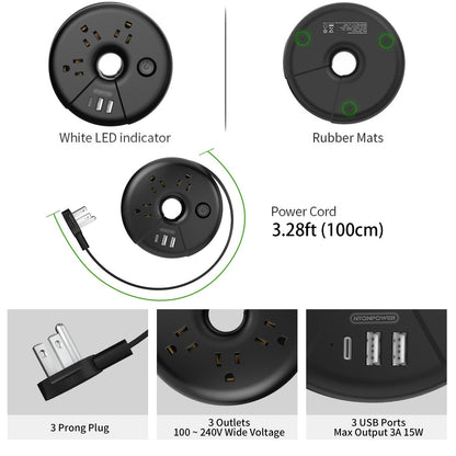 i Donut Travel Power Strip, NTONPOWER Portable Desktop Charging Station 3 USB Without Surge Protector Short Extension Cord 3.28ft Compact for Home, Office, Cruise Ships, Business Trip, Hotels, Black