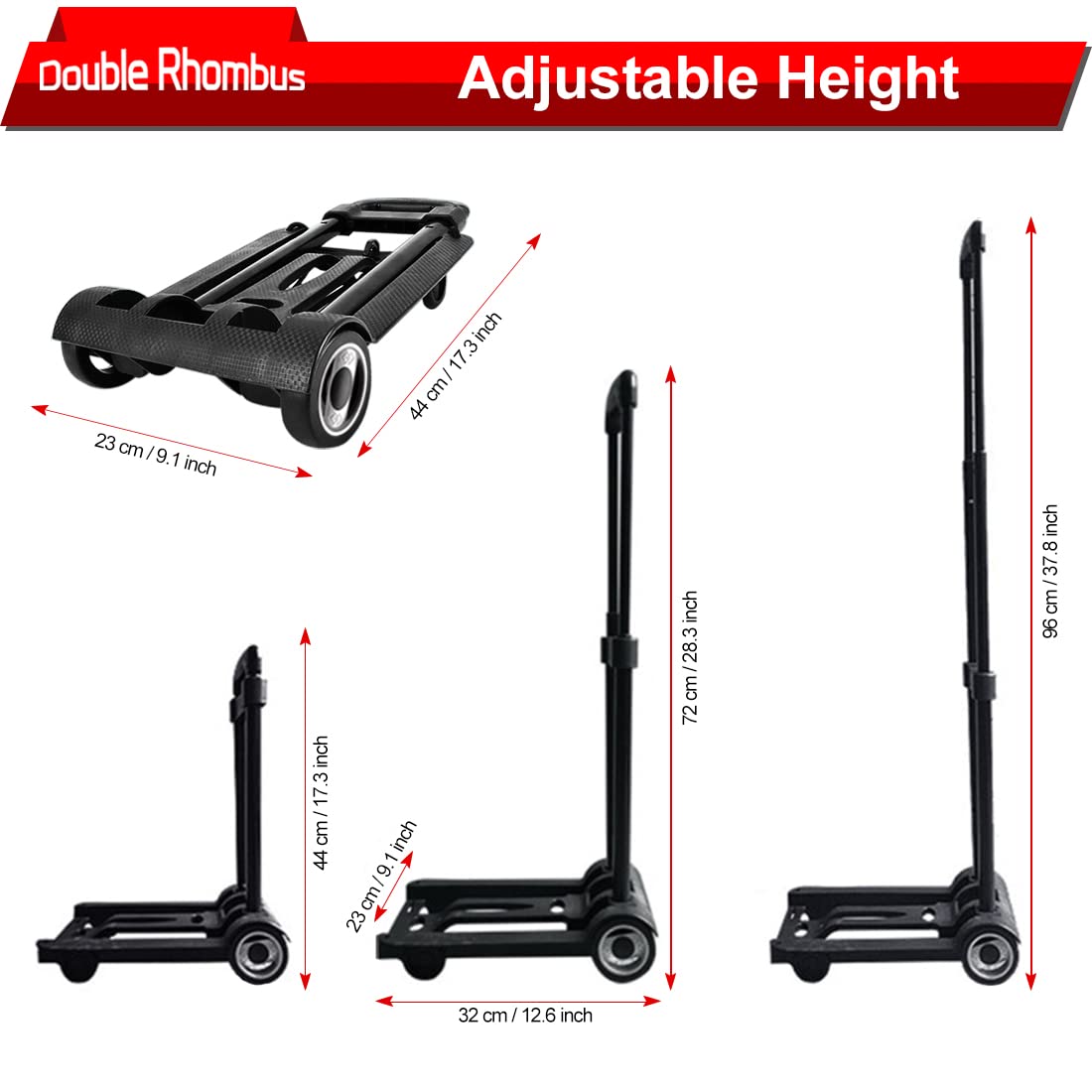 Folding Hand Truck 110lbs, 2+2 Wheel System - 2 Rotating & 2 Stabilizer Wheels Dolly Cart with Elastic Rope & Storage Bag, Adjustable 3-Level Handle for Shopping, Travel, Office, Home Use