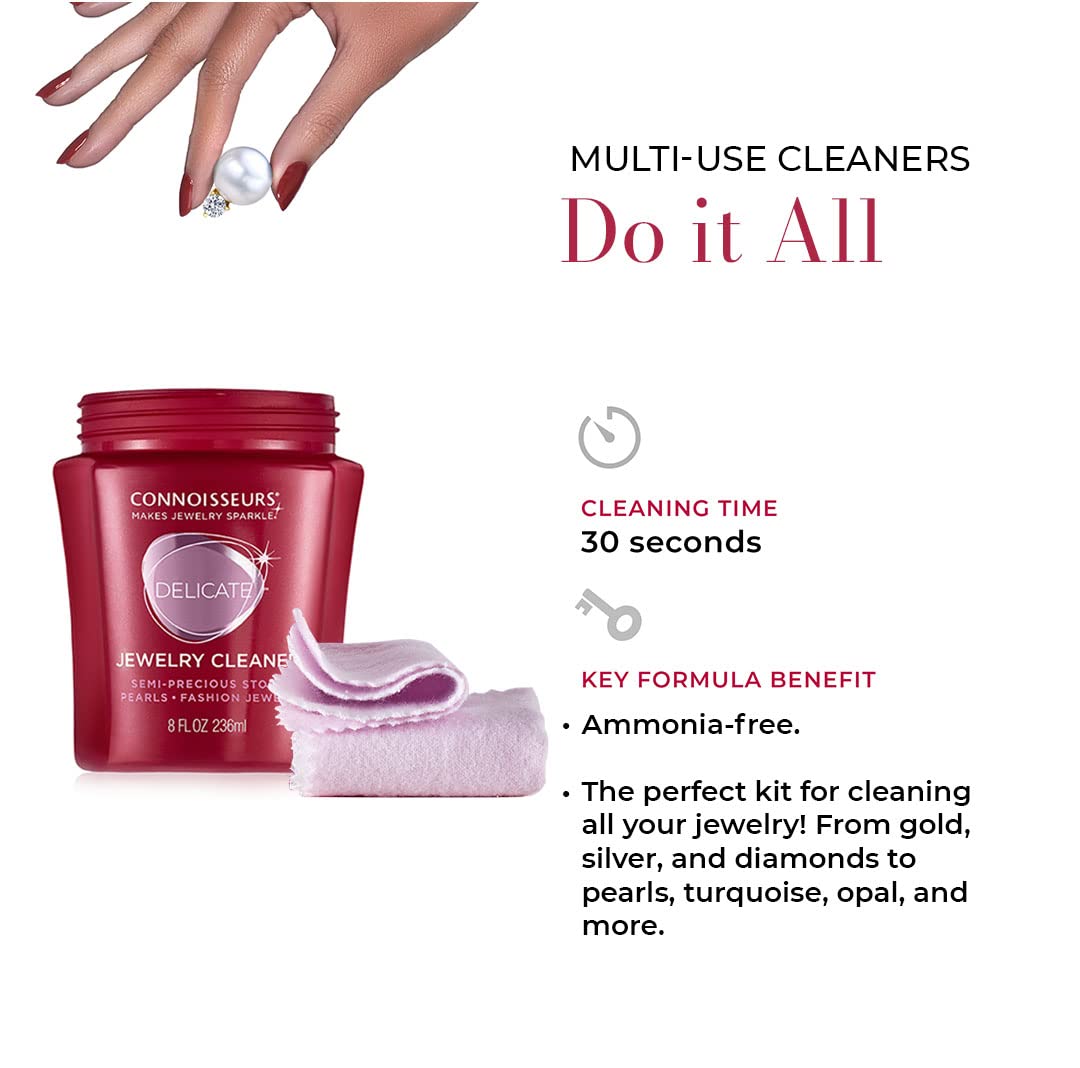 CONNOISSEURS All-Purpose Jewelry Cleaning Kit - Includes Delicate Jewelry Cleaner Solution and 2 Polishing Cloths