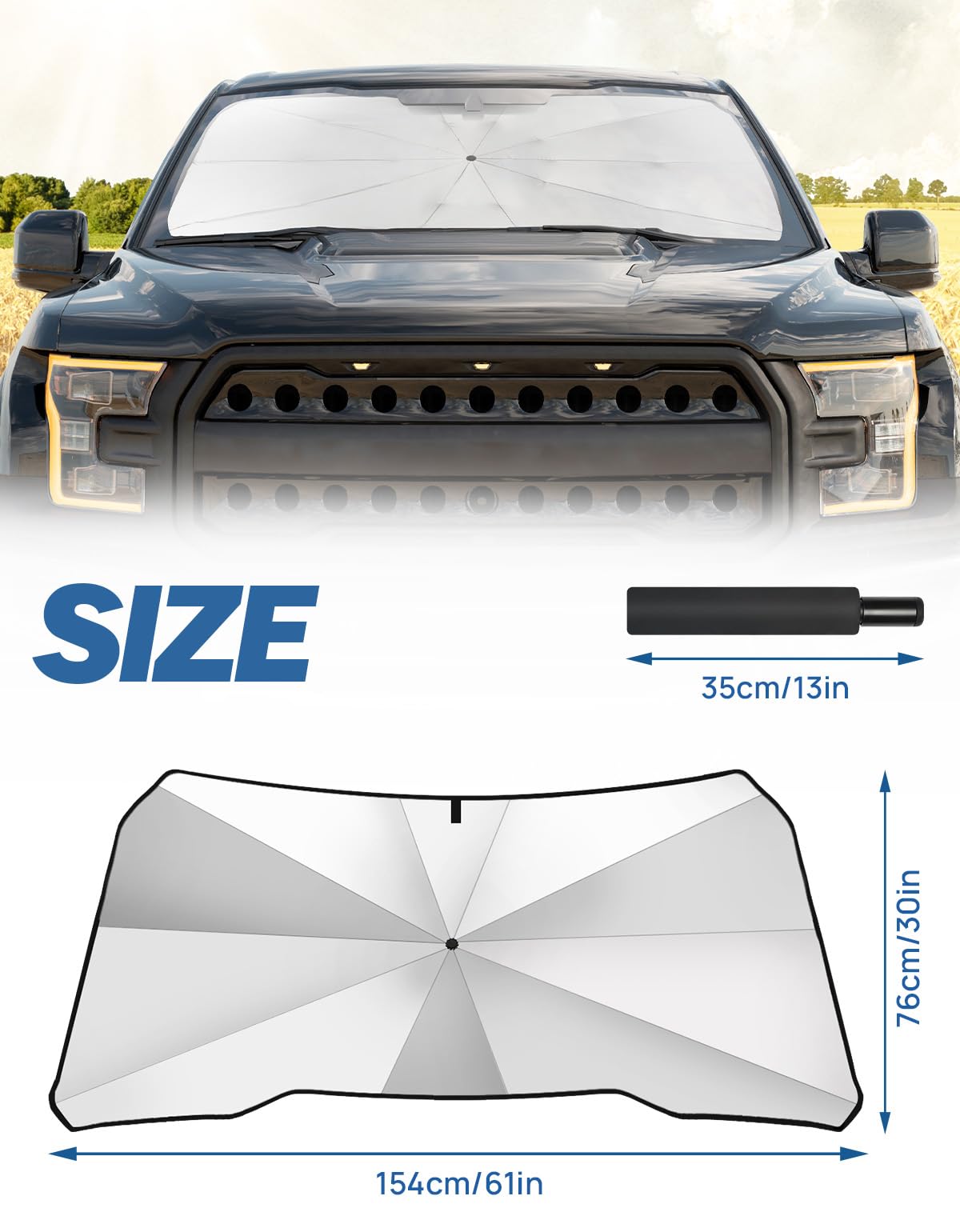 JOYTUTUS Windshield Sun Shade Umbrella, Fit for Ford 2015-2024 F150 F250 F350, with 360° Rotation Bendable Shaft, Titanium Silver Coating for UV Ray Block, Car Front Window Sun Shade Keep the Car Cool