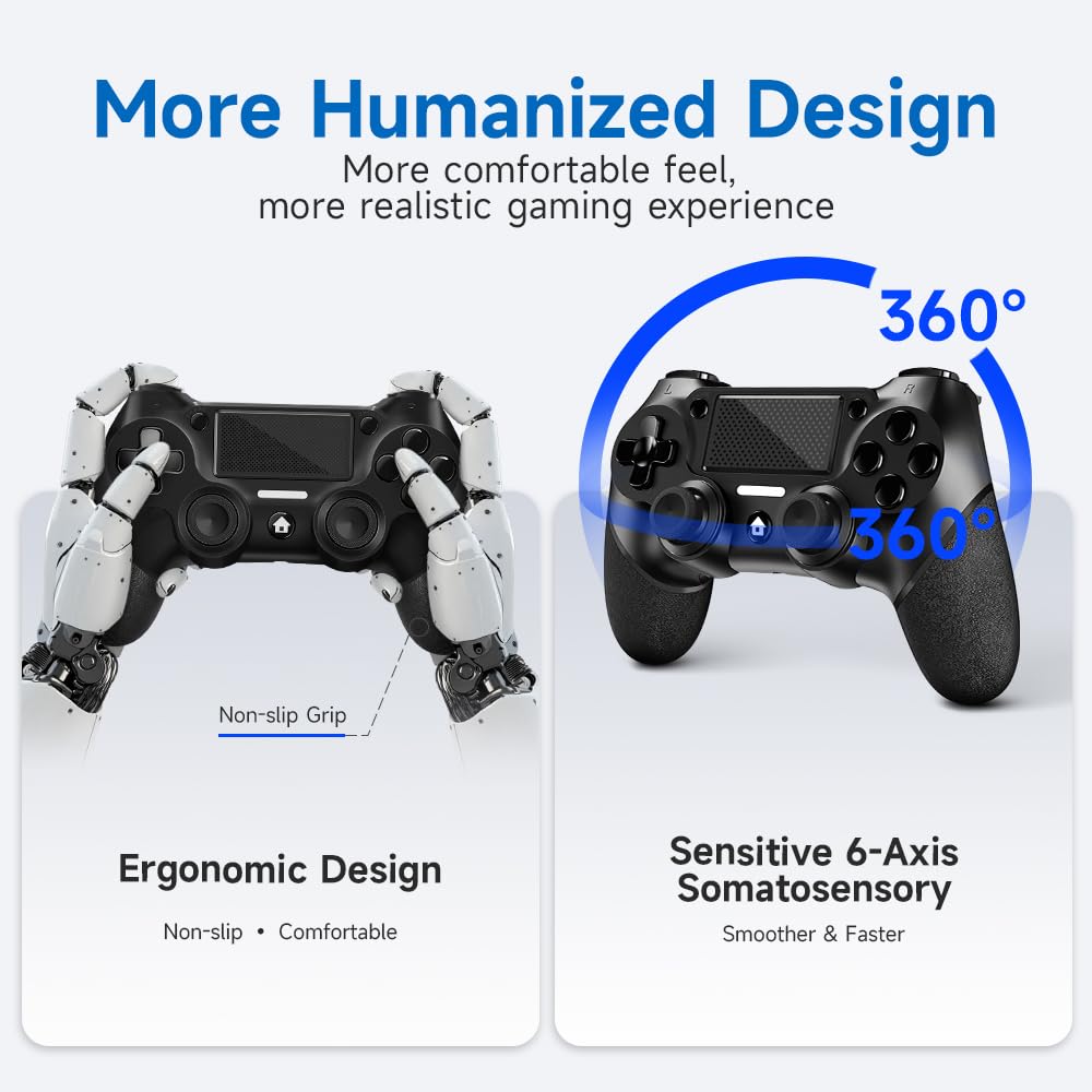 AceGamer 2 Pack for PS4 Controller, Wireless Controllers for PS4/Pro/Slim/PC, with Non-Slip Grip of Both Sides and 2 USB-C Cable! (Midnight Black * 2)