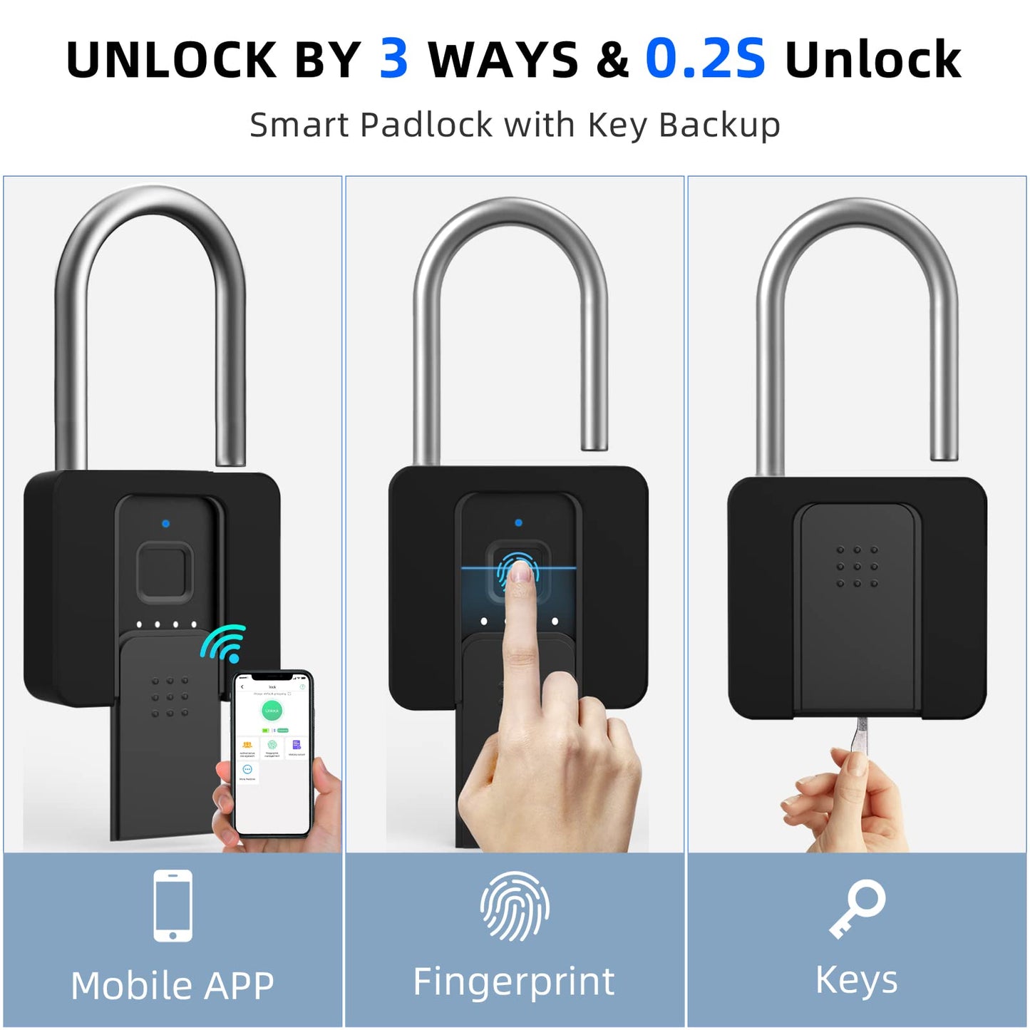 Fingerprint Padlock, Eseesmart Long Shackle Smart Padlock Bluetooth Lock with Mobile APP Outdoor Waterproof Lock with Protective Case for School Gym Locker, Fence, Gate, Toolbox