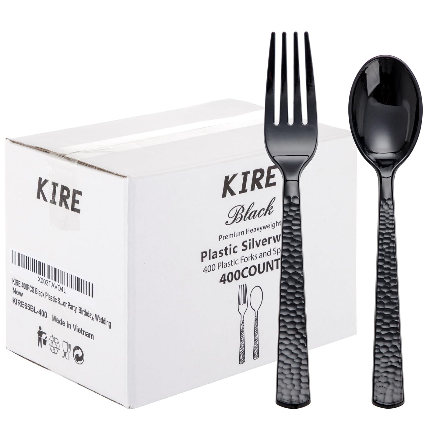 KIRE 400PCS Black Plastic Spoons and Forks Disposable - Black Plastic Silverware Set Disposable Cutlery - 200 Forks, 200 Spoons for Halloween Party/Wedding