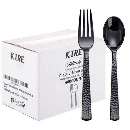 KIRE 400PCS Black Plastic Spoons and Forks Disposable - Black Plastic Silverware Set Disposable Cutlery - 200 Forks, 200 Spoons for Halloween Party/Wedding