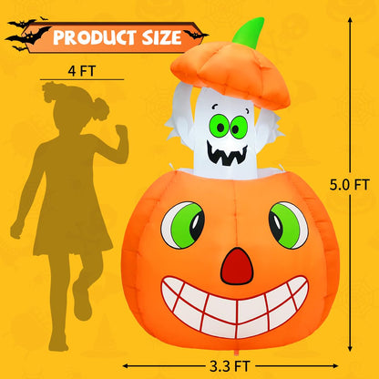 COMIN 5 FT Halloween Inflatables Animated Pumpkin Ghost Outdoor Decorations Blow Up Yard with Built-in LEDs for Indoor Party Garden Lawn Decor