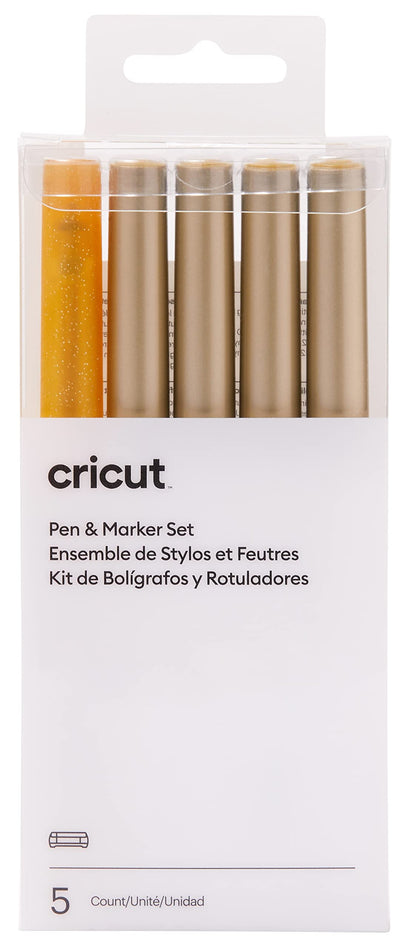 Cricut Multi Pen Set, Gold (5 ct) - For Explore, Maker, & Venture Machines - Includes Gold Glitter Gel Pen, Marker, & Calligraphy Markers