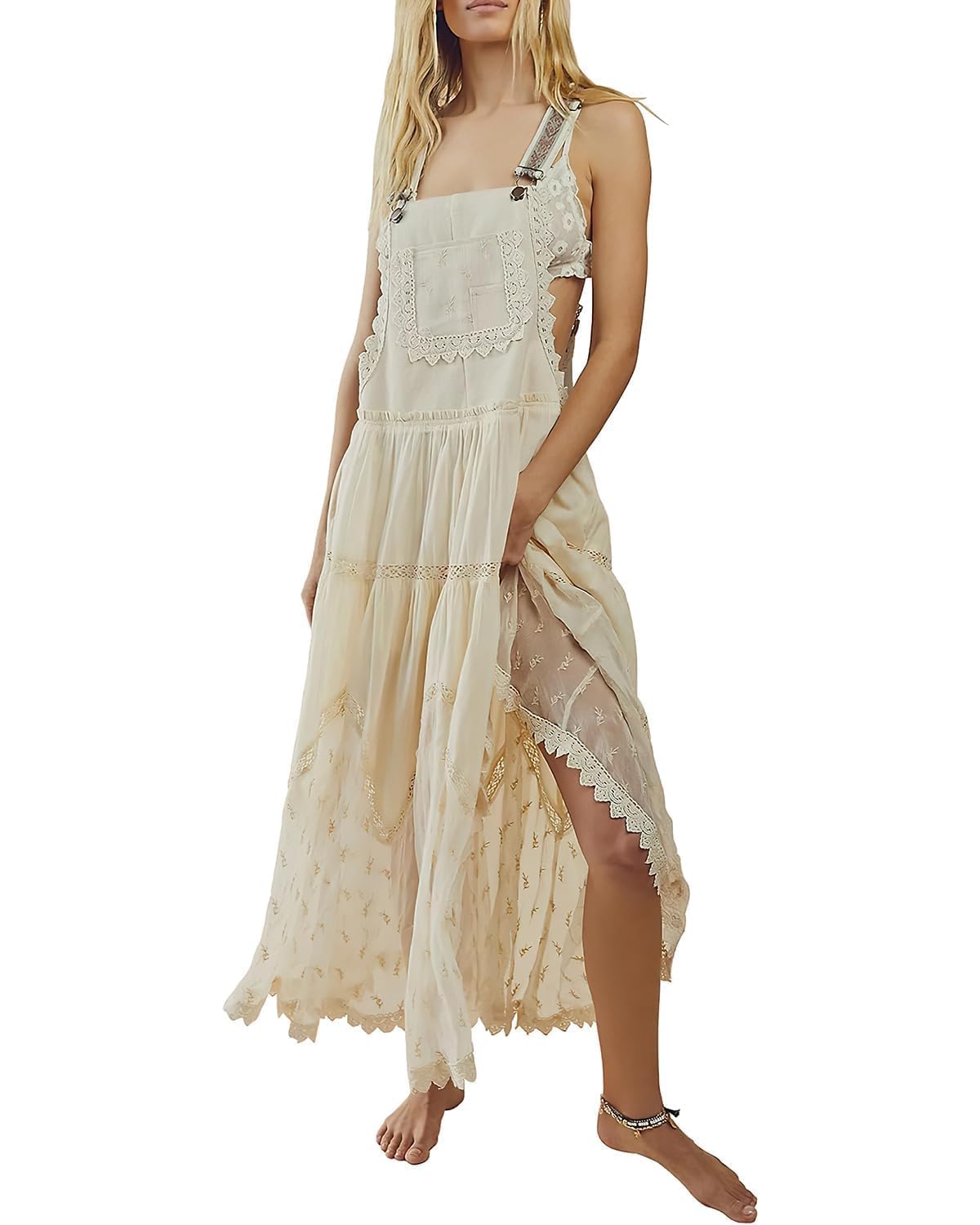 ebossy Women's Laced Embroidered Tulle Bib Dress Casual Loose Adjustable Straps Maxi Dress (M, Apricot)