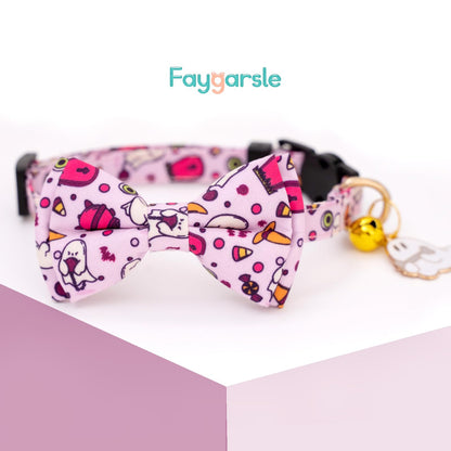 Faygarsle 2 Pack Breakaway Cute Halloween Cat Collar Collection Ghosts Pattern with Bell for Kittens Female Male Cats Seasonal Holiday Bowtie Fall Cat Collar Pink Purple