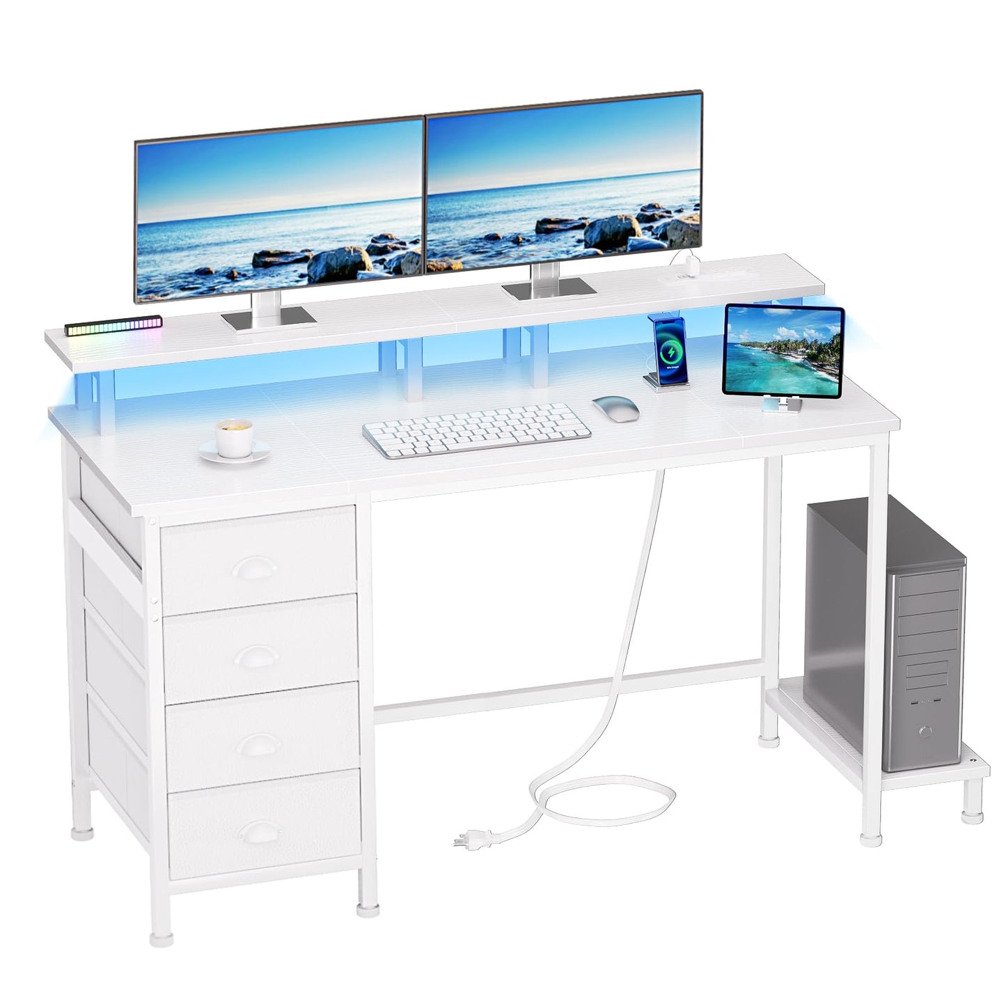 Furologee 47 Inch Computer Desk Gaming with 4 Fabric Drawers with Power Outlets and LED Lights for Home Office with Full Monitor Stand and Shelf Study Table for Small Spaces White