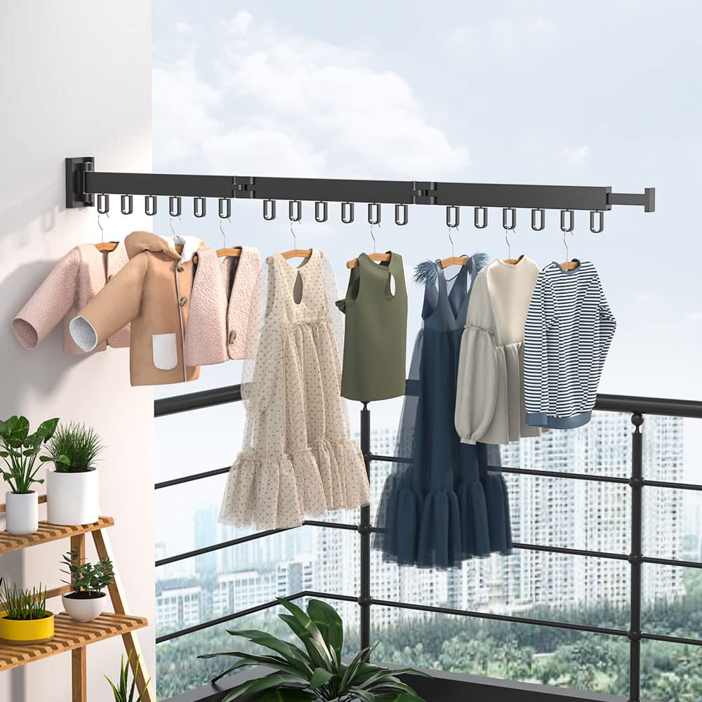 Clothes Drying Rack Wall Mounted, Retractable Garment Rack with Hooks, 360° Rotating Tri-Collapsible Laundry Clothes Drying Rack for Balcony, Laundry, Bathroom （black）