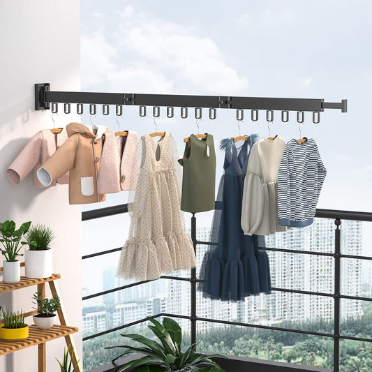 Clothes Drying Rack Wall Mounted, Retractable Garment Rack with Hooks, 360° Rotating Tri-Collapsible Laundry Clothes Drying Rack for Balcony, Laundry, Bathroom （black）