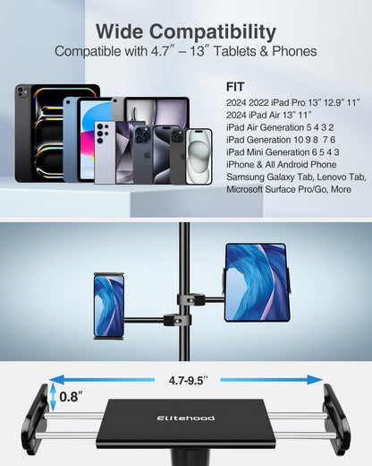 elitehood Aluminum iPad Holder for Mic Stand, Side Mount iPad Music Stand Holder for Microphone, 360° Swivel Tilt Adjustable Mic Tablet Mount for 4-13in iPhone, Cell Phones and Tablets