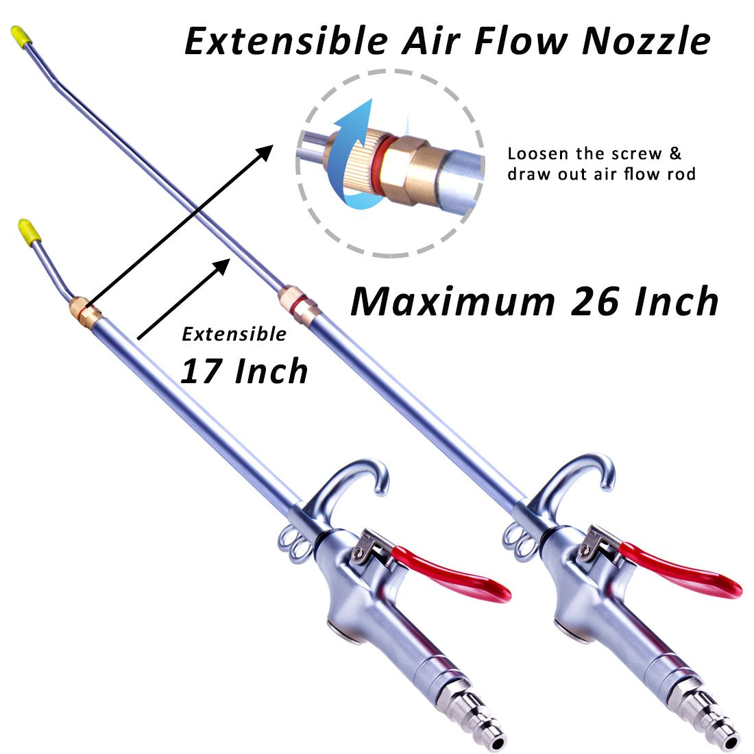 High Volume Powerful Industrial Air Blow Gun, 17-26 Inch Extensible Stainless Steel Air Flow Nozzle, Pneumatic Air Compressor Accessories Tool, Extended Dust Air Blower Gun with 360 Degree Swivel Hook