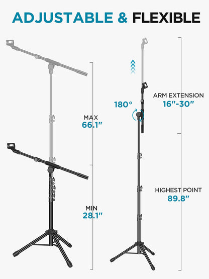 InnoGear Microphone Stand, Tripod Boom Arm Floor Mic Stand Height Adjustable Heavy Duty with Carrying Bag 2 Mic Clips 3/8" to 5/8" Adapter for Singing Podcast for Blue Yeti Shure SM58 SM48 Samson Q2U