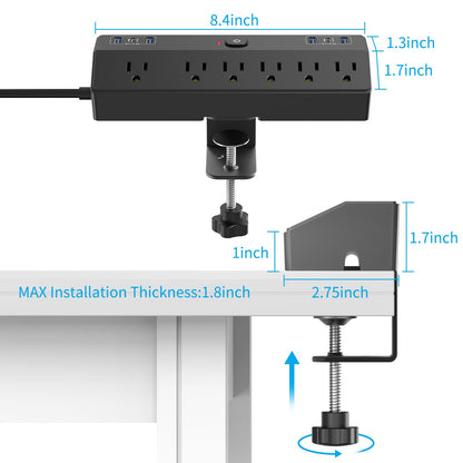 Desk Clamp Power Strip with 40W Fast Charging Station, JXGUCAT Removable Desk Clamp Mount Power Strip Surge Protector, 2 USB-C Ports, 6 AC Outlets and 10ft Cord, Fits 1.8" Tabletop Edge