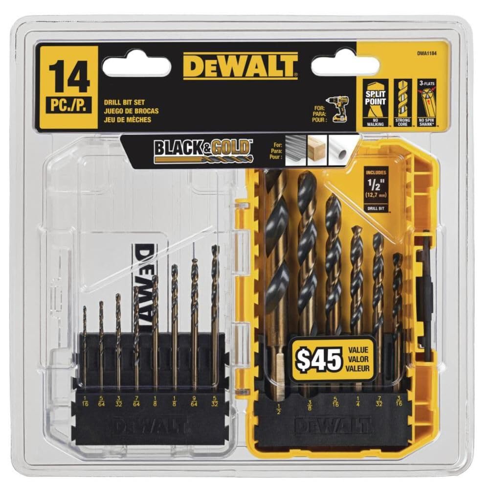 DEWALT Drill Bit Set, 3-Flats Shank,14-Piece, 135 Degree Split Point, for Plastic, Wood and Metal (DWA1184)