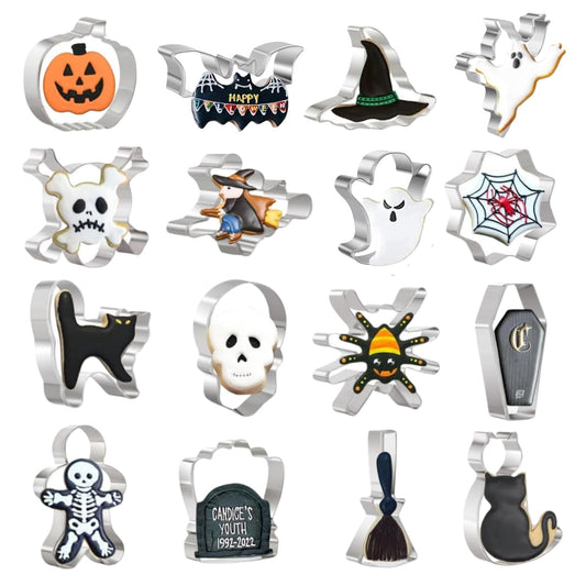 Halloween Cookie Cutters Set 16 Pieces Halloween Biscuit Cutters Shapes - Ghost, Bat, Pumpkin, Cat, Witch, Spider, Skull, Gingerbread Man, Etc. for Baking Stainless Steel