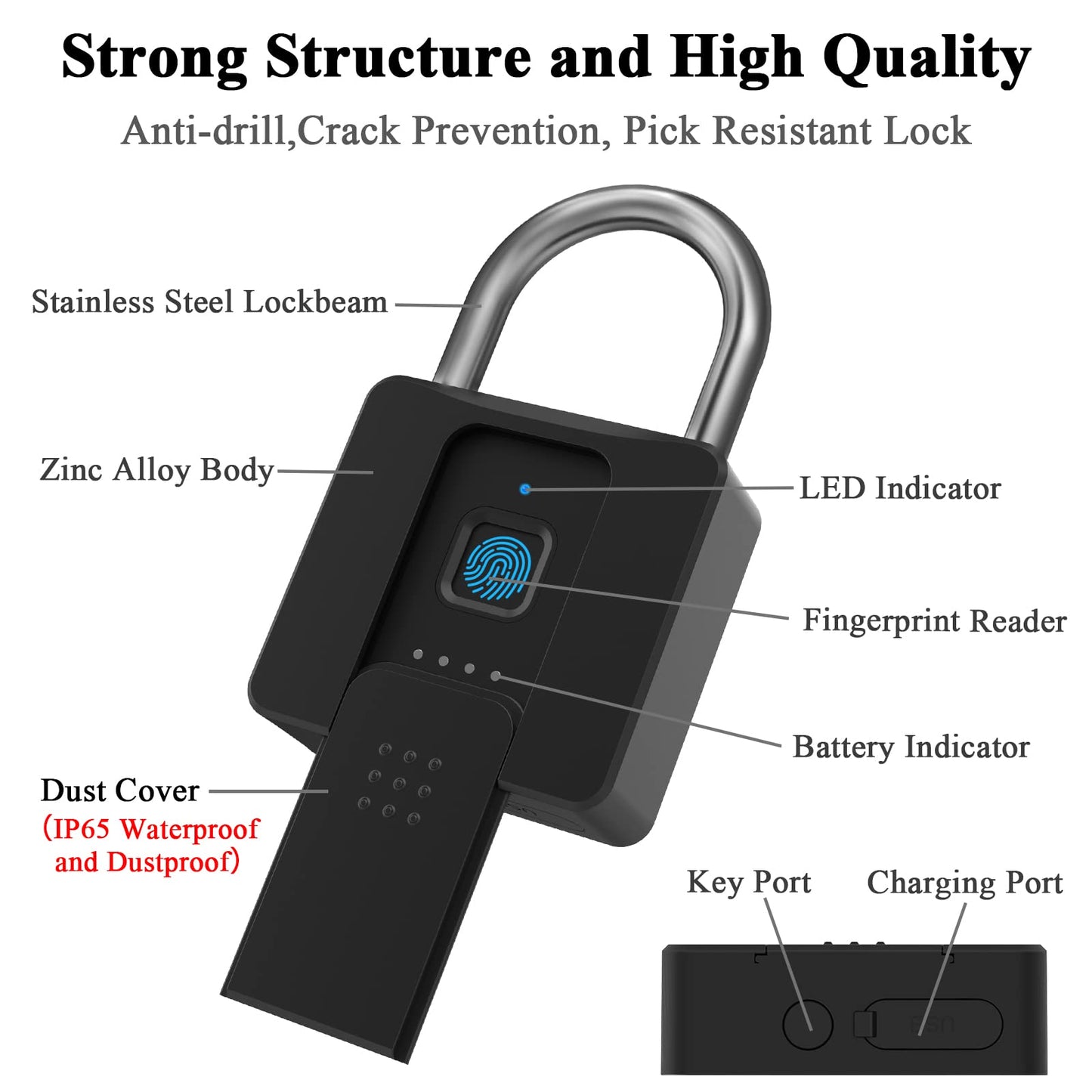 Fingerprint Padlock, Dhiedas Pad Lock with Fingerprint Bluetooth Key Waterproof Heavy Duty Combination Lock for Outdoor Fence Gate Shed Warehouse Gym Storage Yard