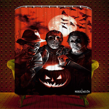 Halloween Shower Curtain Set for Bathroom- Scary Killer Freddy Jason Michael, Horror Movie Themed Holiday Polyester Fabric Decoration with Hooks and Toilet Sticker, Halloween Decor 72x72