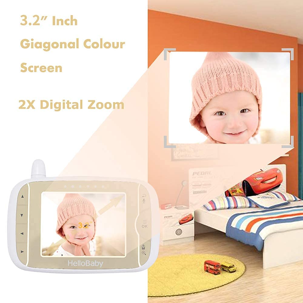 HelloBaby Baby Monitor with Remote Pan-Tilt-Zoom Camera and 3.2'' LCD Screen, Infrared Night Vision, Temperature Display, Lullaby, Two Way Audio, with Wall Mount Kit