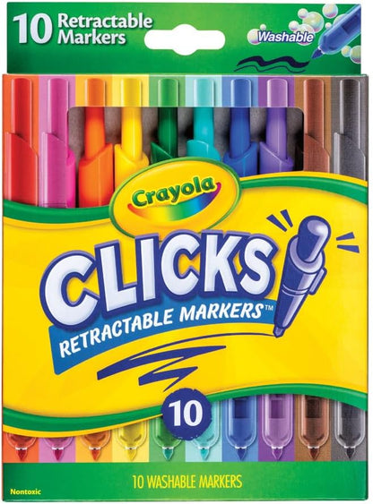 CRAYOLA Clicks, Retractable Art Markers, 10 Vibrant, Washable Coloured Markers, Keep Markers Safe in Retractable Barrel So Ink Won't Dry Out, Perfect for Colouring, Projects and More, 58 8370