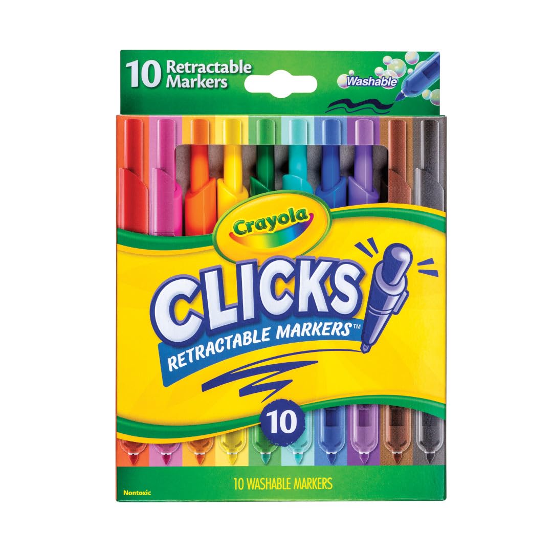CRAYOLA Clicks, Retractable Art Markers, 10 Vibrant, Washable Coloured Markers, Keep Markers Safe in Retractable Barrel So Ink Won't Dry Out, Perfect for Colouring, Projects and More, 58 8370