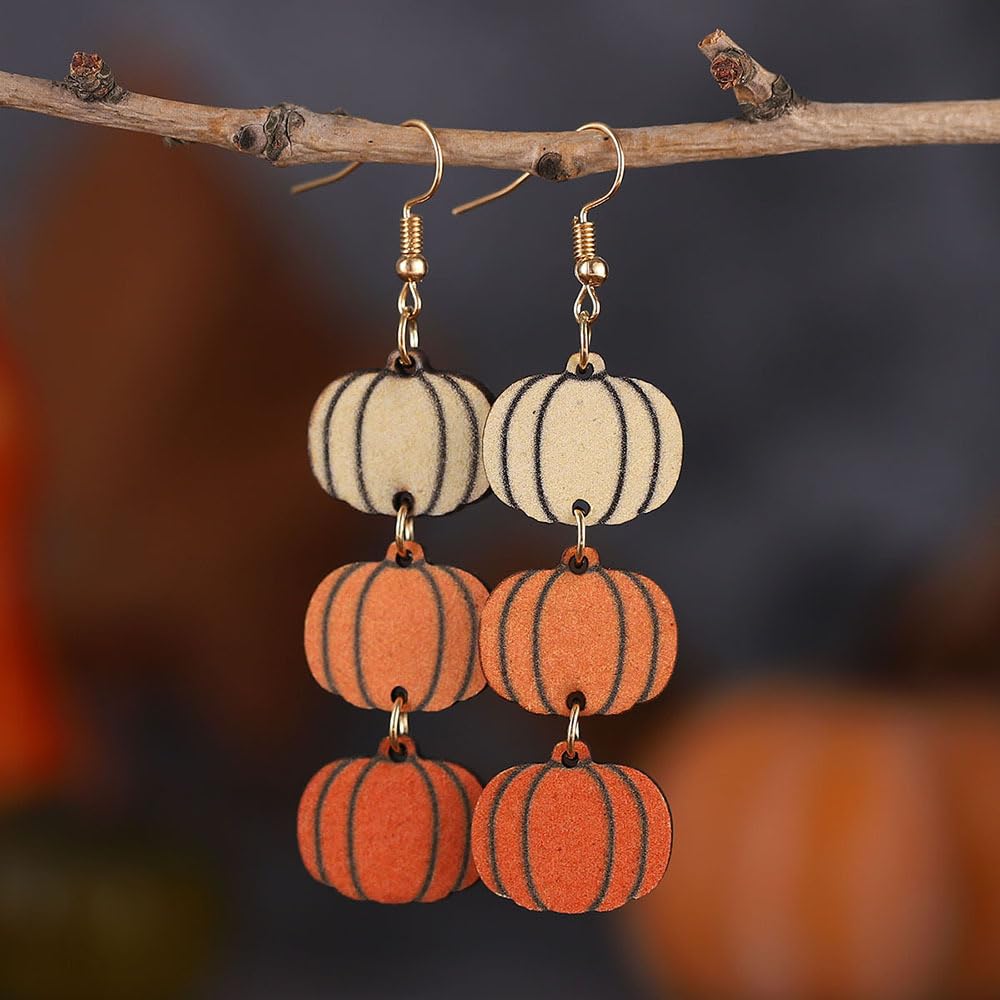 Funny Cute Halloween Cartoon Pumpkin Ghost Drop Dangle Earrings Handmade Lightweight Bat Witch Double-Sided Wooden Earrings for Women Halloween Party Costumes Holiday Jewelry Gifts (A pumpkin)