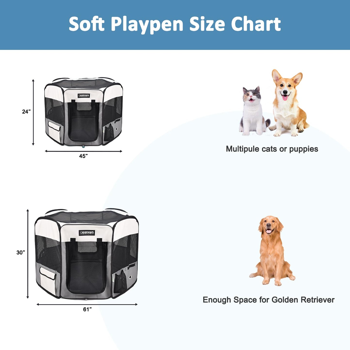 JESPET Pet Dog Playpens 36", 45" & 61" Portable Soft Dog Exercise Pen Kennel with Carry Bag for Puppy Cats Kittens Rabbits, Indoor/Outdoor Use