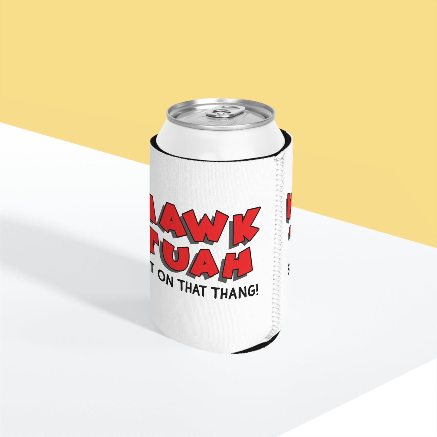 Hawk Tuah Spit on That Thang Funny Can Cooler - White with Red Text | Gag Gift, Christmas Stocking Stuffer, College Party, Halloween Drink Holder