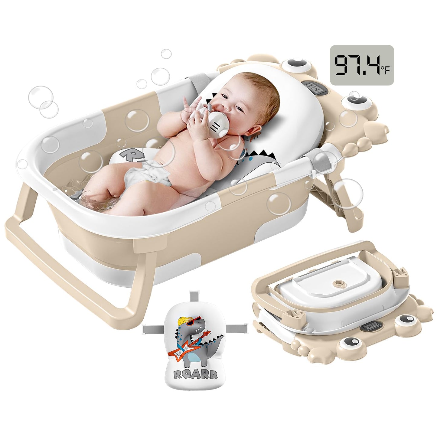 Collapsible Baby Bathtub for Infants to Toddler with Real-time Temp Monitor+Floating Cushion,Foldable Baby Bath Tub Set Applicable 0-36 Month,Portable Travel Baby Tub for Newborns Boy (Beige)