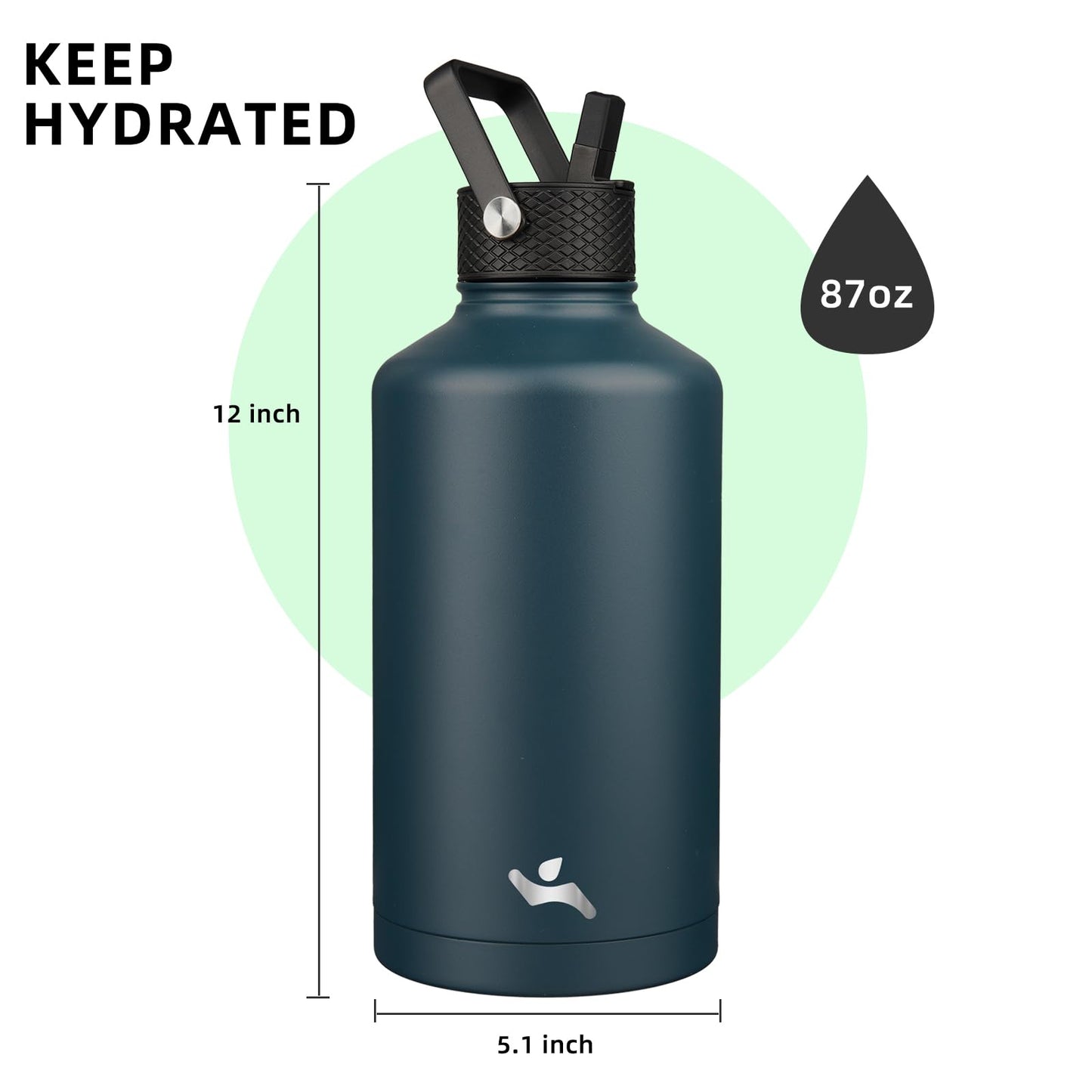 Konokyo Insulated Water Bottle with Straw,87 oz 3 Lids Water Jug with Carrying Bag,Paracord Handle,Double Wall Vacuum Stainless Steel Metal Flask,Navy Blue