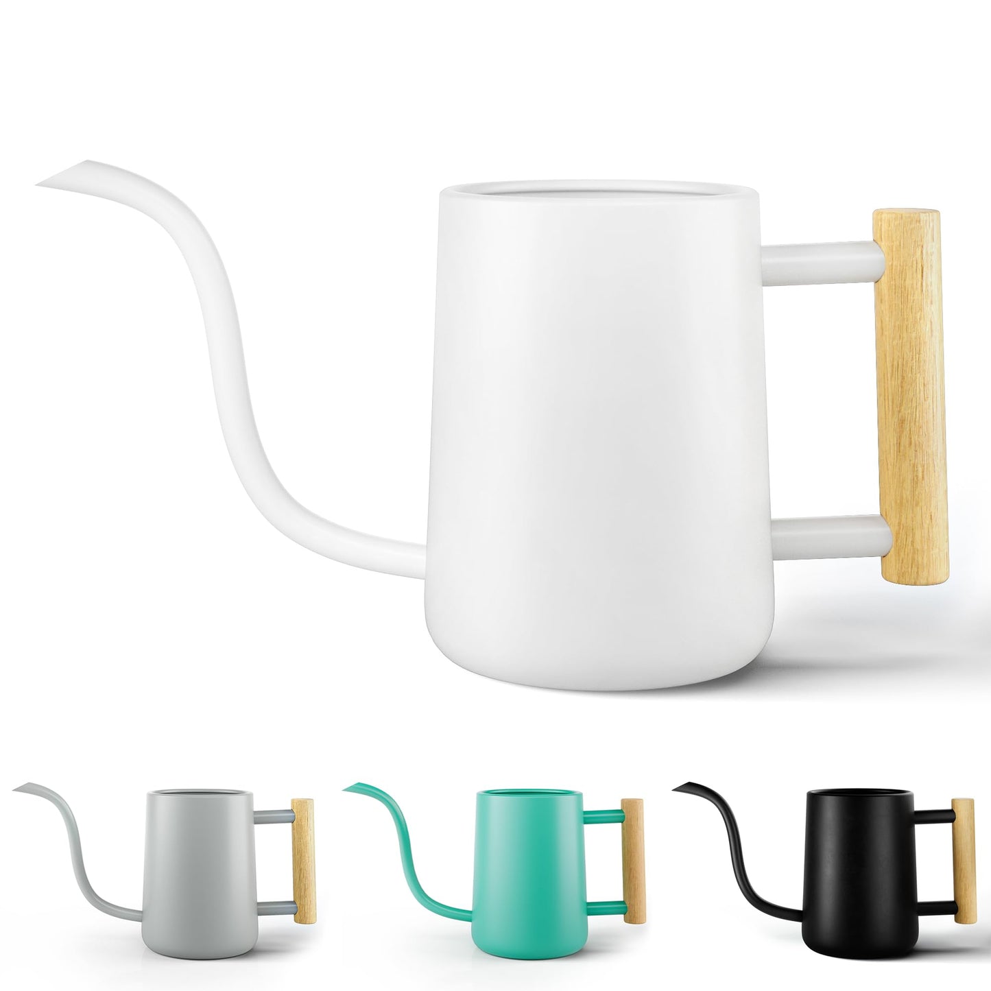 35 oz Metal Small Indoor Watering Can with Long Spout & Real Wood Handle for House Plants, Succulents, Cacti & Seedlings - White Long Spout Watering Can Indoor Plants - Stylish, Gentle Flow, No Spills