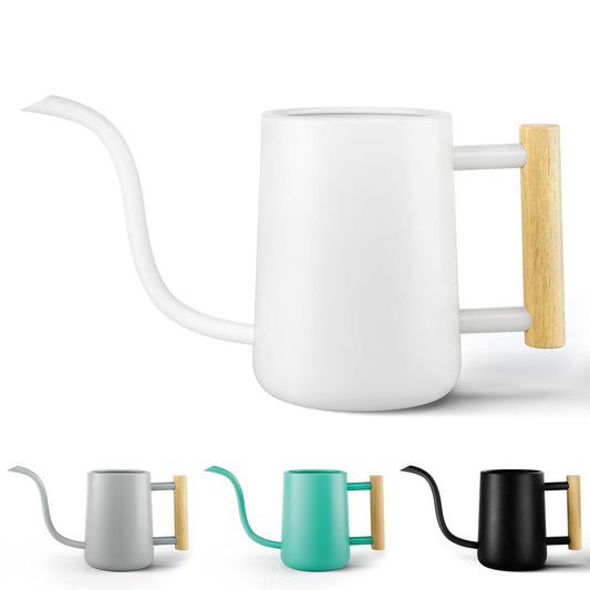 35 oz Metal Small Indoor Watering Can with Long Spout & Real Wood Handle for House Plants, Succulents, Cacti & Seedlings - White Long Spout Watering Can Indoor Plants - Stylish, Gentle Flow, No Spills