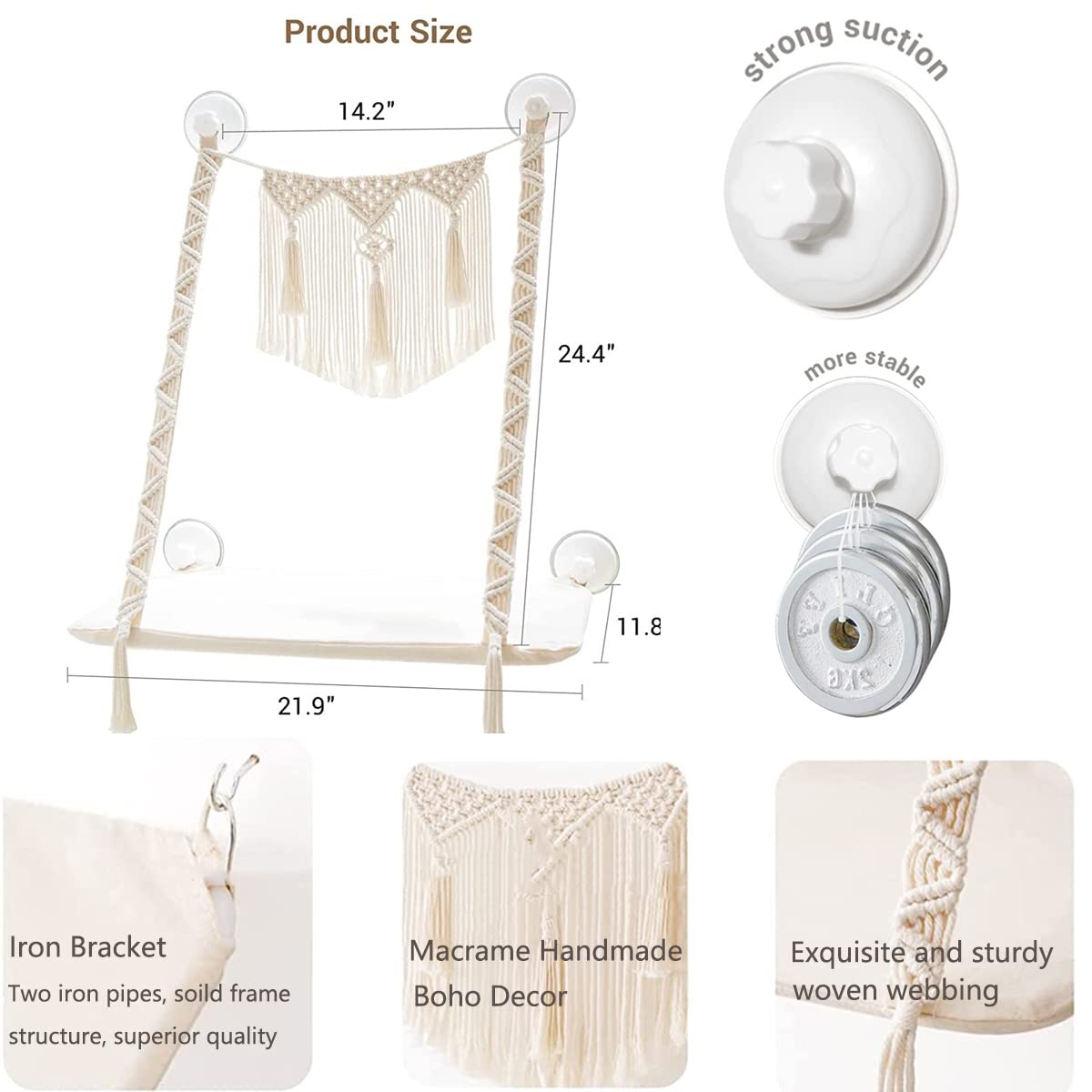 Dahey Macrame Cat Window Perch Boho Cat Hammock Wall Mounted Pet Resting Seat Bed for Indoor Cats Space Saving kitty Sunny Swing Shelf on Window Safety Holds up to 45 lbs with Screw Suction Cups, Gift