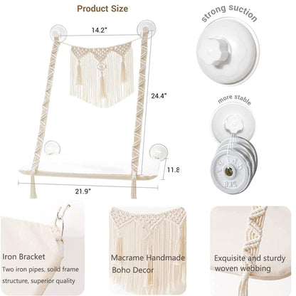 Dahey Macrame Cat Window Perch Boho Cat Hammock Wall Mounted Pet Resting Seat Bed for Indoor Cats Space Saving kitty Sunny Swing Shelf on Window Safety Holds up to 45 lbs with Screw Suction Cups, Gift