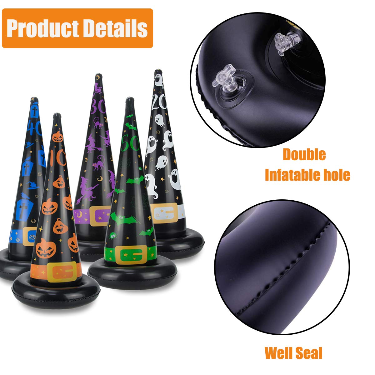 Halloween Party Toys Games, Inflatable Witch Hat Ring Toss Game with Points, Plastic Ring Toss, Air Pump Halloween Carnival Indoor Outdoor Game Garden Toys for Kids Adults Family Games Supplies