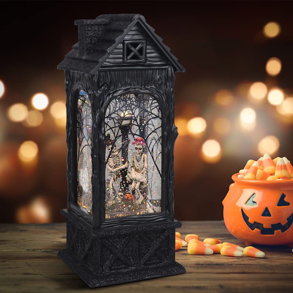 GenSwin Halloween Skeleton Snow Globe Lantern Ghost Projection Lamp with 6 Hour Timer, Battery Operated & USB Powered LED Spinning Water Glittering Globe Halloween Decoration Parties(11”, 3AA)