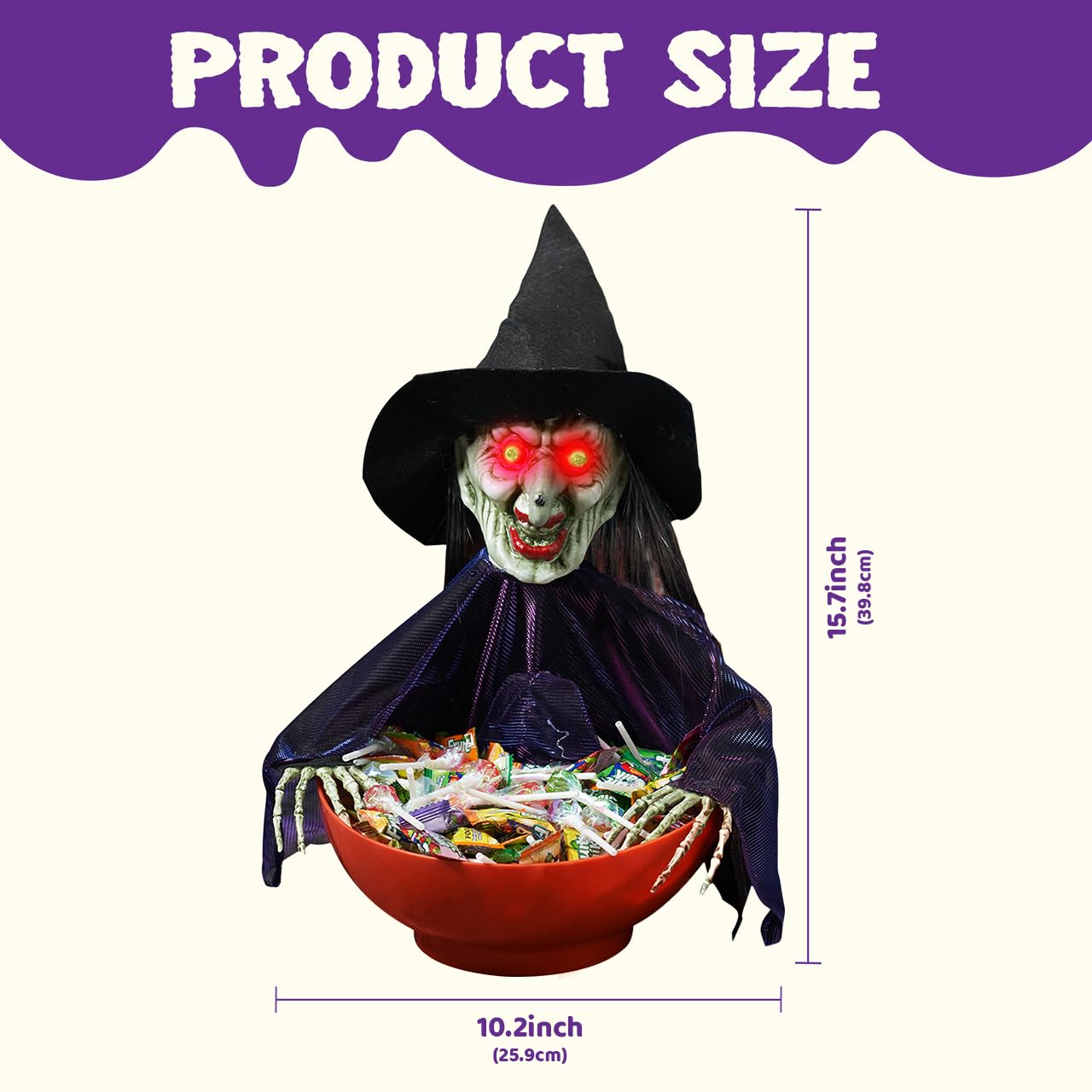 JOYIN Halloween Candy Bowl Dish Witch Decorations Indoor, Haunted House Home Decor Animatronics Animated LED Lights Eyes, Creepy Scary Sound Activated Trick Or Treat