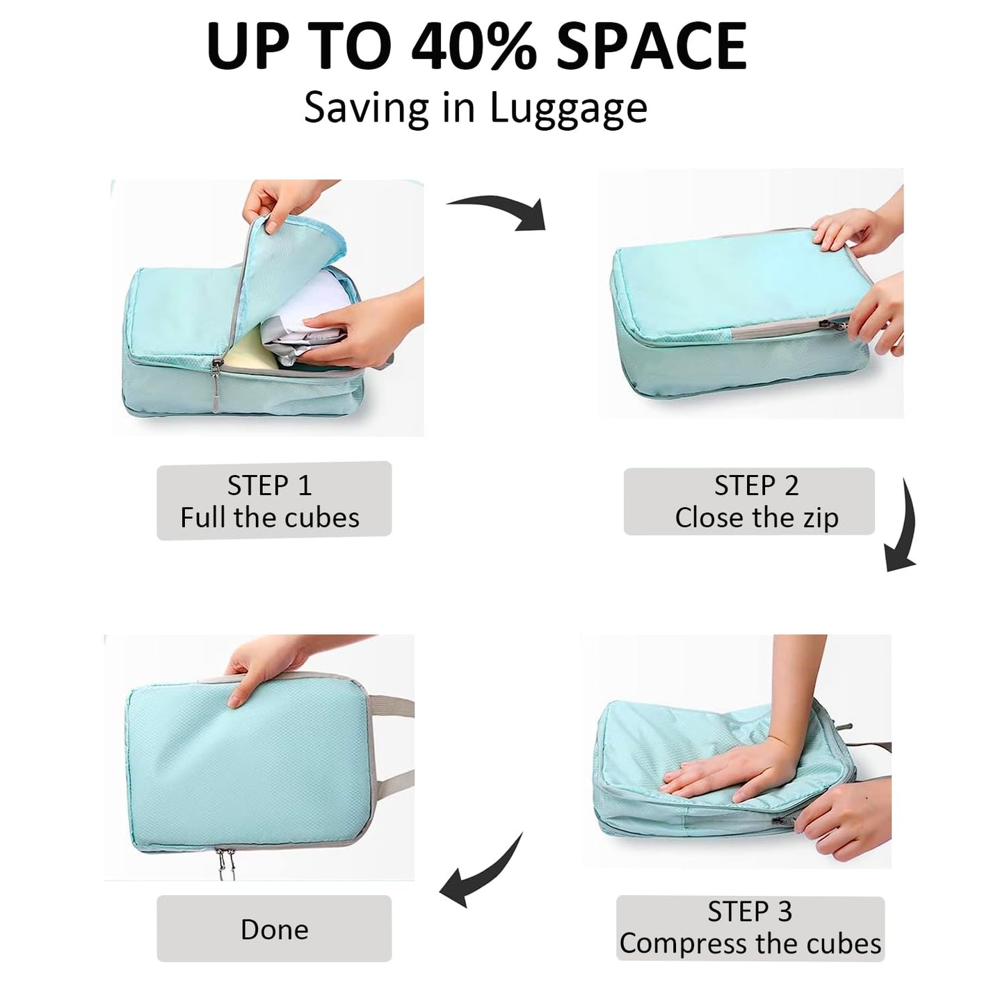 Compression Packing Cubes for Travel, 4pcs Travel Packing Cubes Organisers for Travel Accessories compression bags Packing Organisers Expandable Storage forl Luggage Suitcases-Skyblue