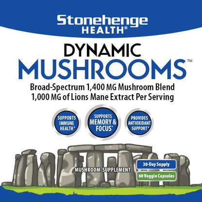 Stonehenge Health Dynamic Mushrooms - 100% Fruiting Bodies & Extracts - Lion’s Mane, Chaga, Maitake, Shiitake, Reishi - Nootropic Brain & Immune System Support - No Mycelium - 60 Veggie Capsules