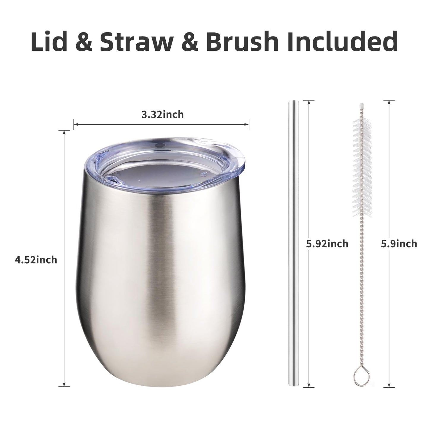 FristChoice 12 oz Insulated Wine Tumbler with Lid and Straw,Stainless Steel Stemless Wine Tumbler Glasses Double Wall Vacuum Wine Cups Tumbler for Coffee,Champaign,Cocktail,Office（Silver,1）