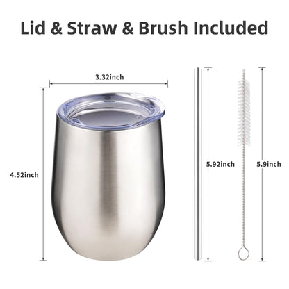 FristChoice 12 oz Insulated Wine Tumbler with Lid and Straw,Stainless Steel Stemless Wine Tumbler Glasses Double Wall Vacuum Wine Cups Tumbler for Coffee,Champaign,Cocktail,Office（Silver,1）
