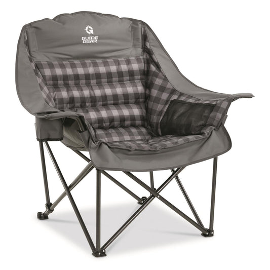 Guide Gear Oversized Extra Large Padded Camping Chair, Portable, Folding, Large Camp Lounge Beach Chairs for Outdoor, Adults, Men and Women, Heavy-Duty 400 Pound Capacity, with Cup Holder Gray Plaid