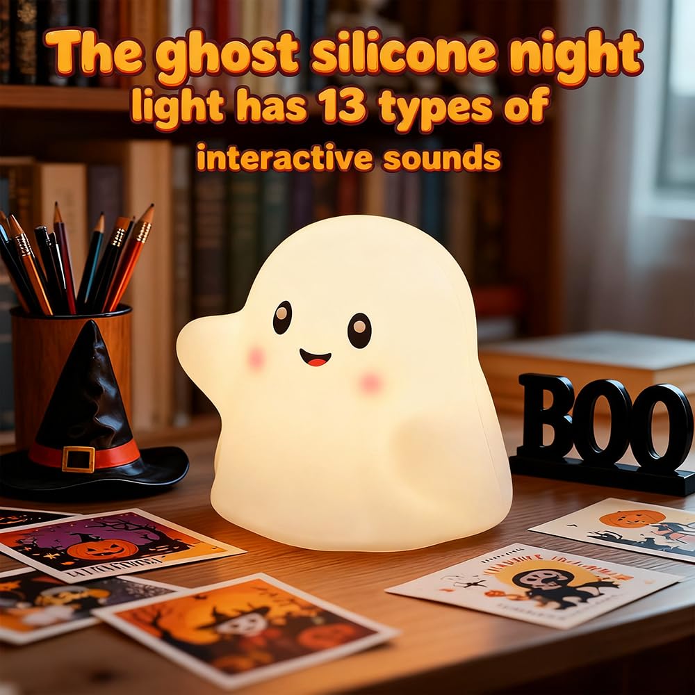 Ghost Night Light for Kids, Silicone Nursery Nightlight with 13 Interactive Sound Effects ,Halloween Decor Lamp Adjustable Dimmable Lamp with Touch Sensor Children's Christmas Gifts (white ghost)
