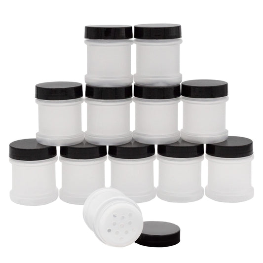 Cornucopia Brands Mini Plastic Spice Jars w/Sifters (12-Pack, Black); 2 Tablespoon Capacity (1 Fluid Ounce) Spice Bottles for Travel, Glitter, Gifts, Favors