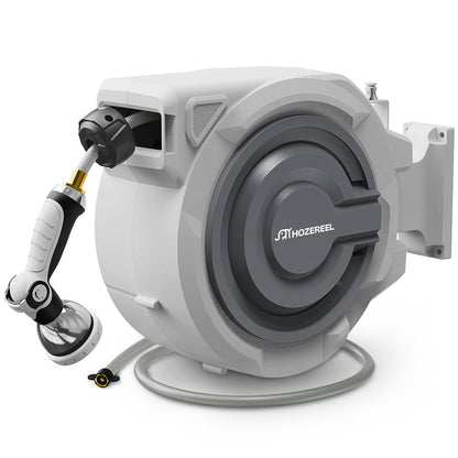 110 FT Retractable Garden Hose Reel by HOZEREEL, Outdoor Garden Hose Reels 1/2" - Automatic Self Retract Wall Mount Hose Reel Enclosed Storage, Any Length Lock, 10 Pattern Nozzle-Grey