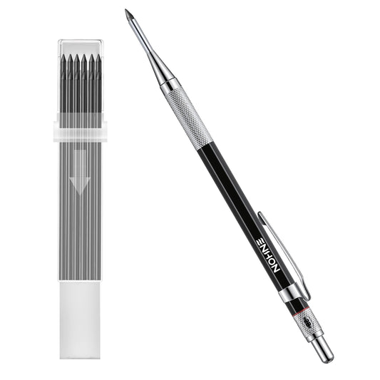 Enhon 2mm Mechanical Carpenter Pencil Set with 12 Marker Refills and Sharpener, Woodworking Marking Tool Solid Deep Hole Construction Pencil, Extended Needle-Nose Tip for Use in Jobs (Black)